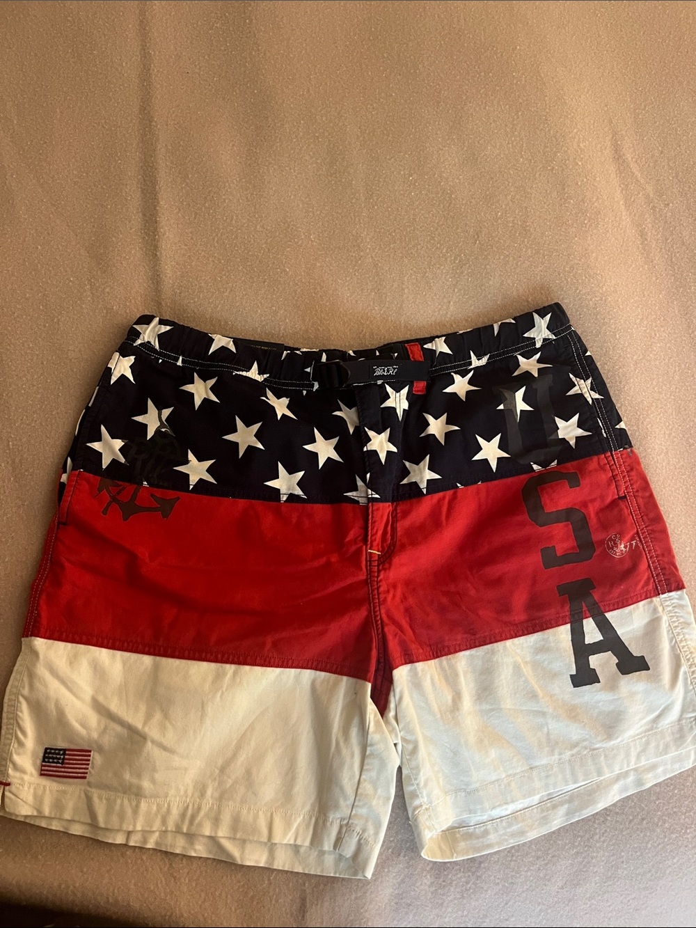 Polo by Ralph Lauren 100% cotton Red, White & Blue Star-Stripe Shorts. Size XL